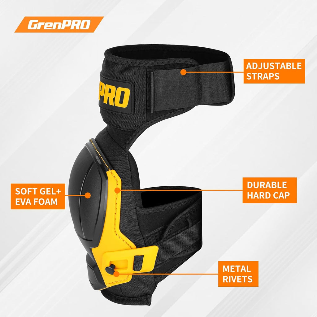 Heavy Duty Knee Pads for Men, Gel Foam, TPR Shell, Construction | POM buckles, neoprene straps, 4-point fastening