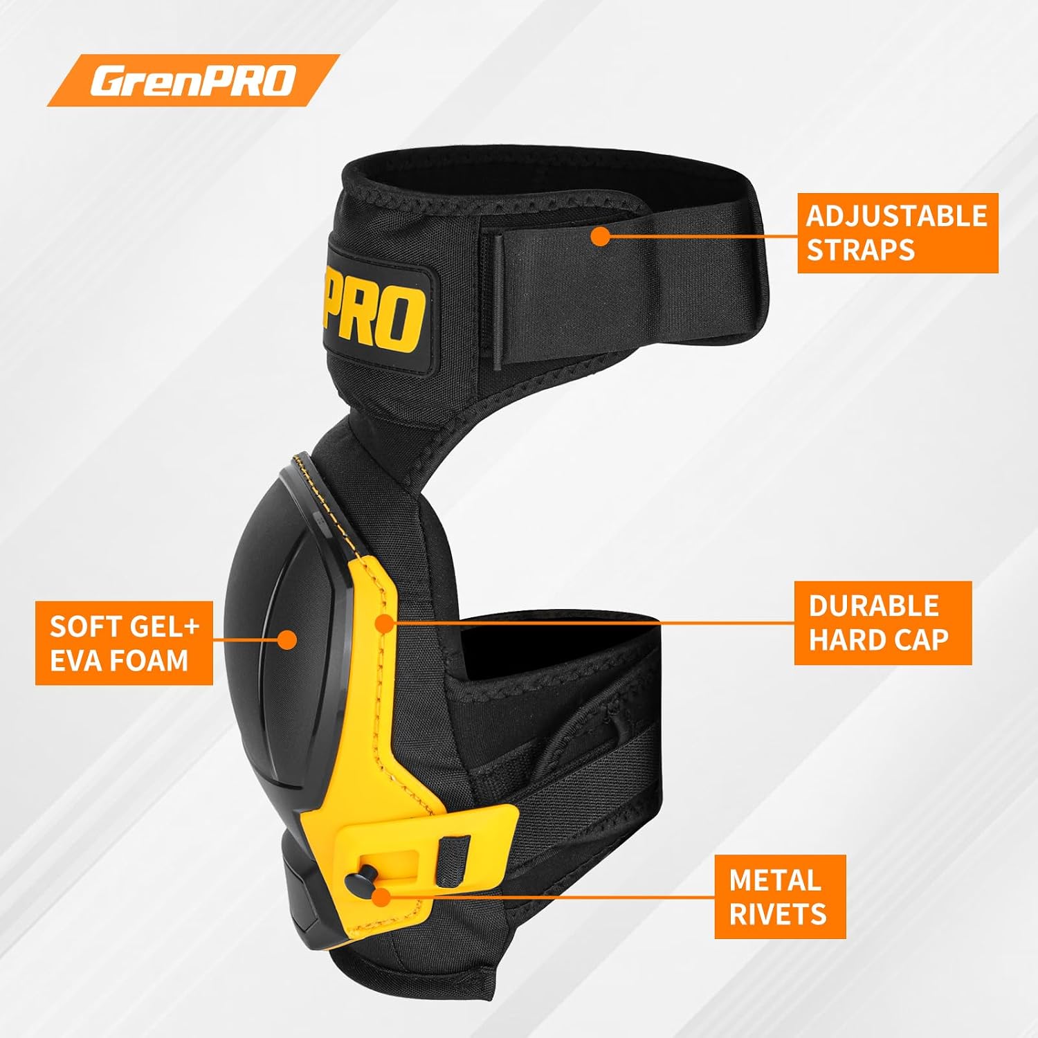 Heavy Duty Knee Pads for Men, Gel Foam, TPR Shell, Construction | POM buckles, neoprene straps, 4-point fastening