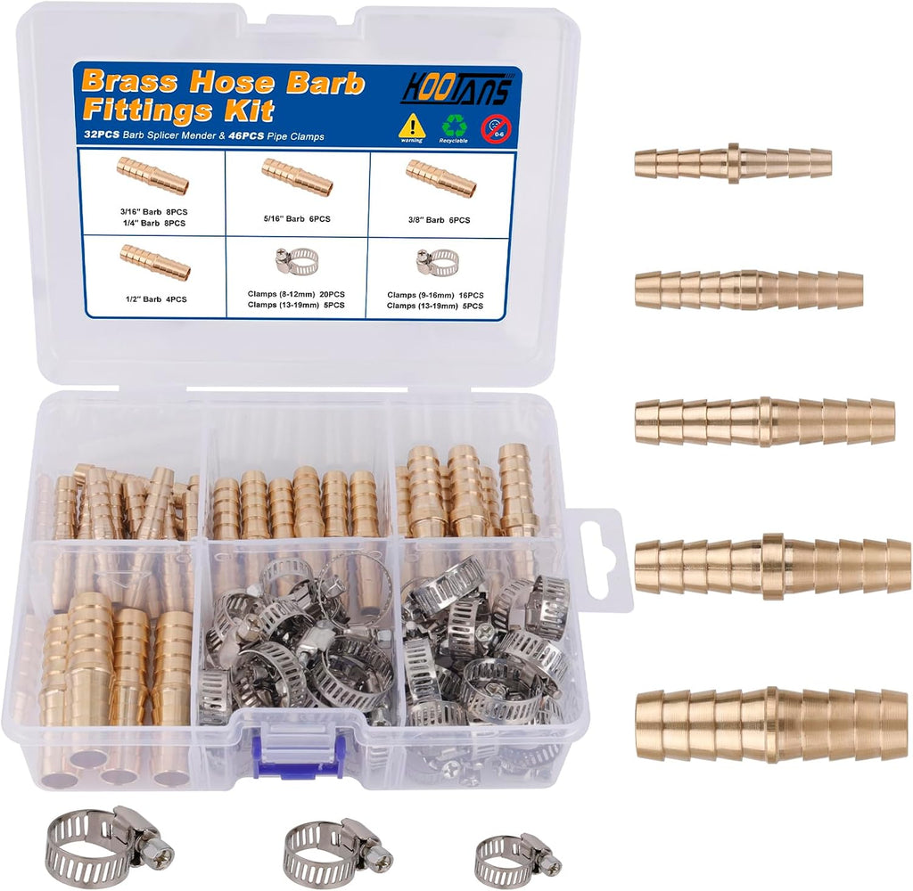 32PCS Brass Hose Barb Fittings Barb Splicer Mender Hose Fittings Kit 3/16" 1/4" 5/16" 3/8" 1/2" Barbed Air Hose