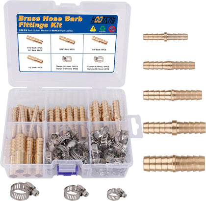32PCS Brass Hose Barb Fittings Barb Splicer Mender Hose Fittings Kit 3/16" 1/4" 5/16" 3/8" 1/2" Barbed Air Hose