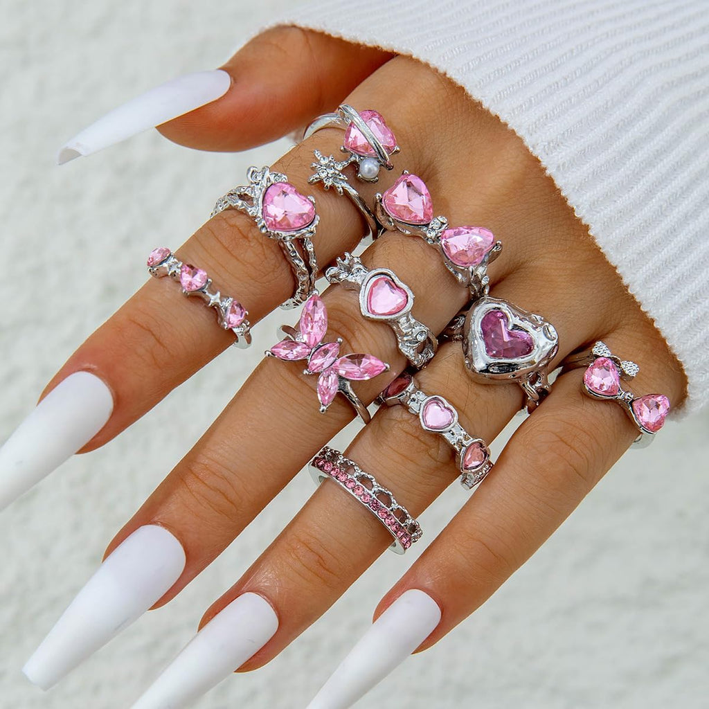 Gold Rings Sets for Women Pink Rhinestone Crystal Ring Heart Butterfly Bowknot Knuckle Joint Rings Set Vintage Boho
