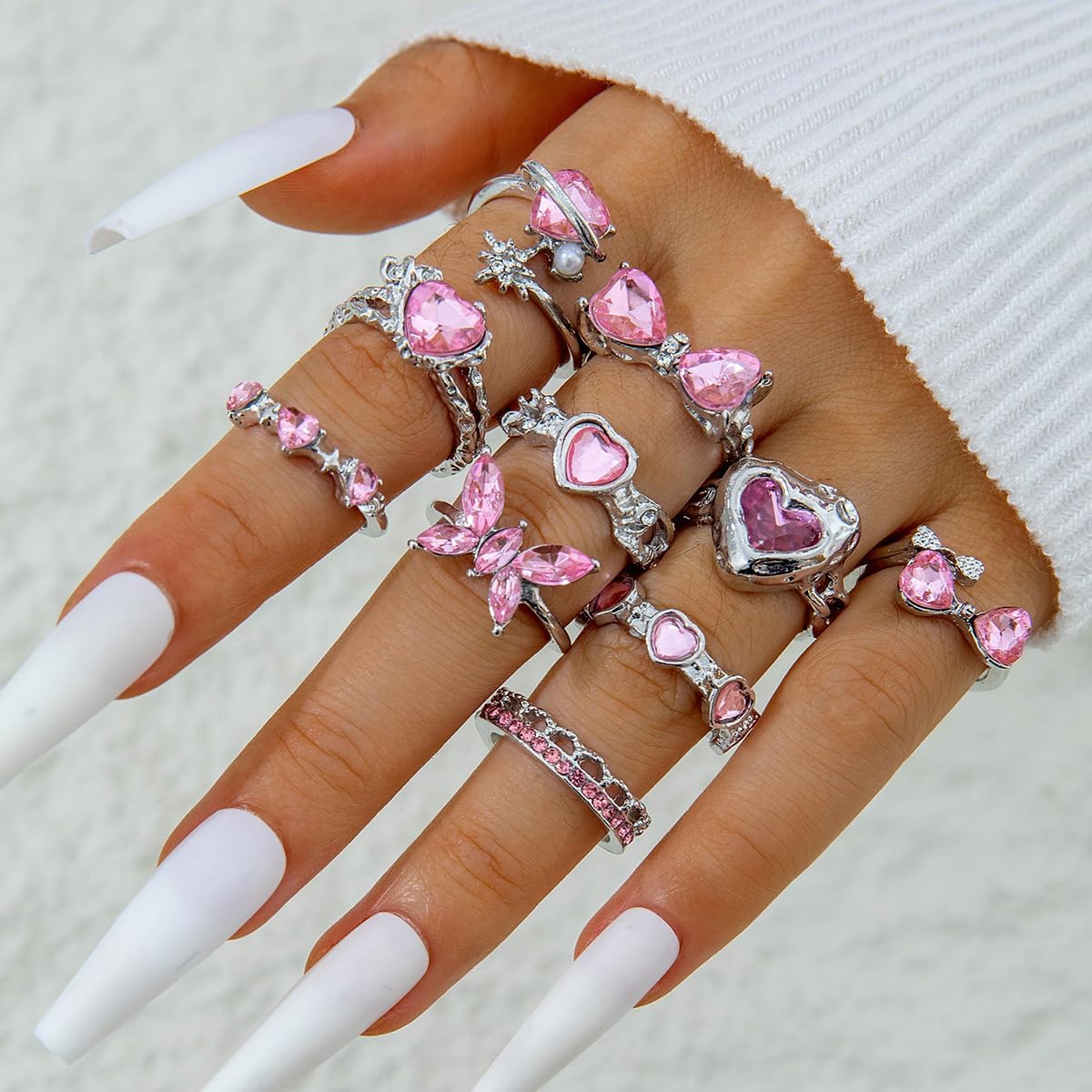 Gold Rings Sets for Women Pink Rhinestone Crystal Ring Heart Butterfly Bowknot Knuckle Joint Rings Set Vintage Boho