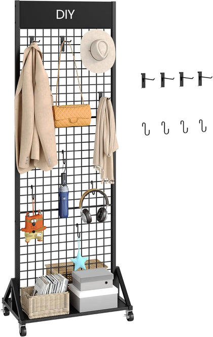 Grid Wall Panel, 2’ x 5.7’ Ft Floor Standing Gridwall Display Rack, Retail Display Stand, with 4 S-Shaped Hooks and 4