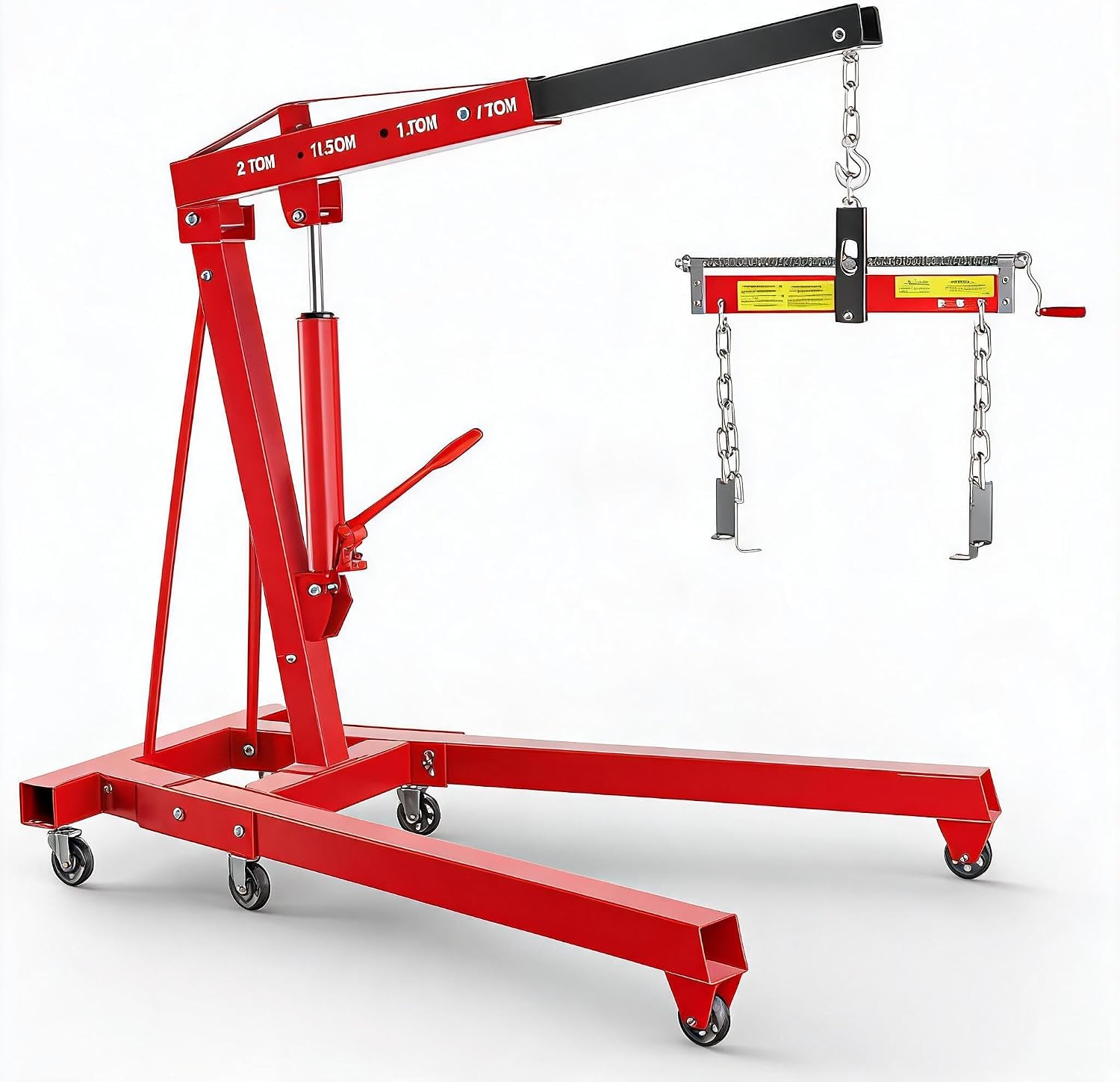 Red 2 Ton Folding Engine Hoist, 4400 Lbs Heavy Duty Cherry Picker with Leveler, Shop Crane with 6 Swivel Casters