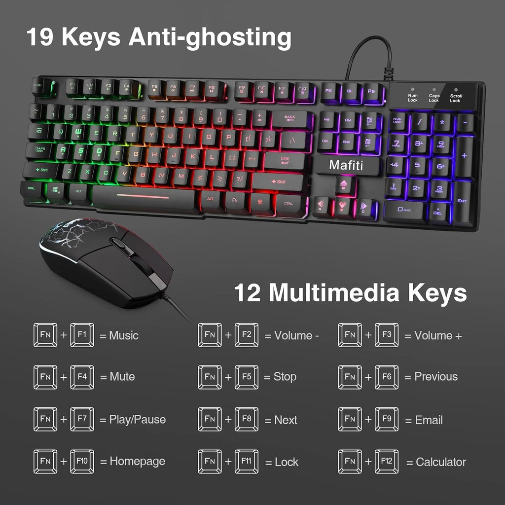 RK101 Computer Keyboard Mouse Combo Wired | RGB Backlit, USB Keyboard, PC Mac Laptop Desktop, Gaming Office