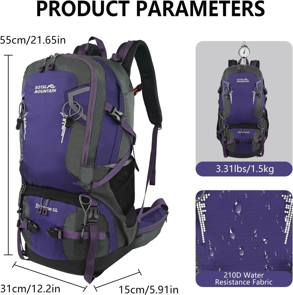 55L Internal Frame Backpack Hiking Backpack for Women Men Backpacking Packs | Waterproof Hiking Daypack for Camping