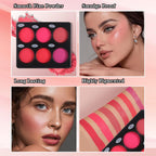 6-Colour Blush Palette, Long Lasting High Pigment Matte Pressed Powder Blush for Cheeks, Matt Shimmer Pressed Powder