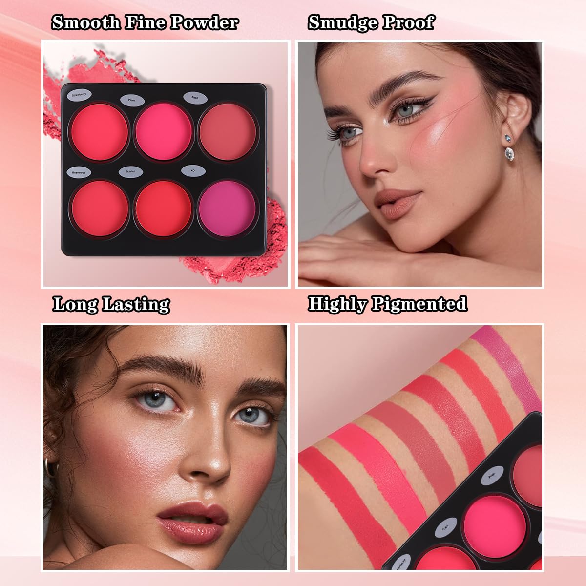 6-Colour Blush Palette, Long Lasting High Pigment Matte Pressed Powder Blush for Cheeks, Matt Shimmer Pressed Powder