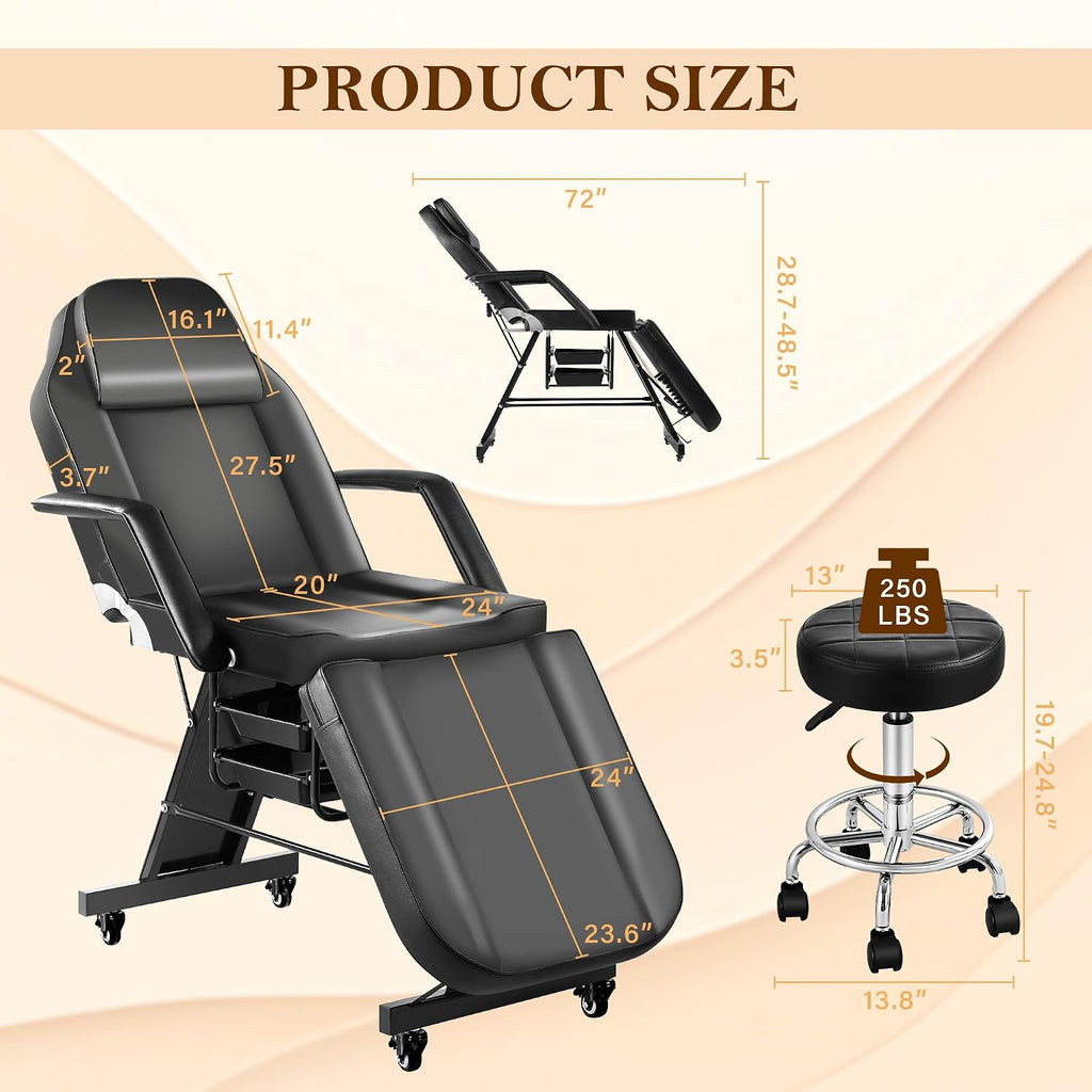 Tattoo Chairs for Client Facial Bed, Black Esthetician Bed with Wheels, Tilting Massage Lash Table for Artist with