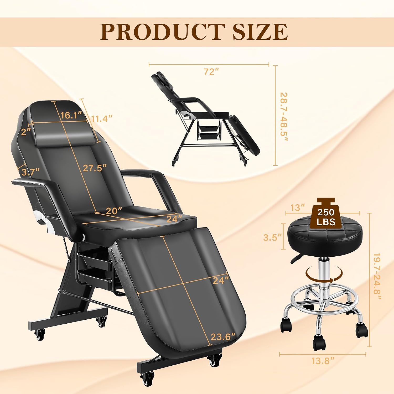 Tattoo Chairs for Client Facial Bed, Black Esthetician Bed with Wheels, Tilting Massage Lash Table for Artist with