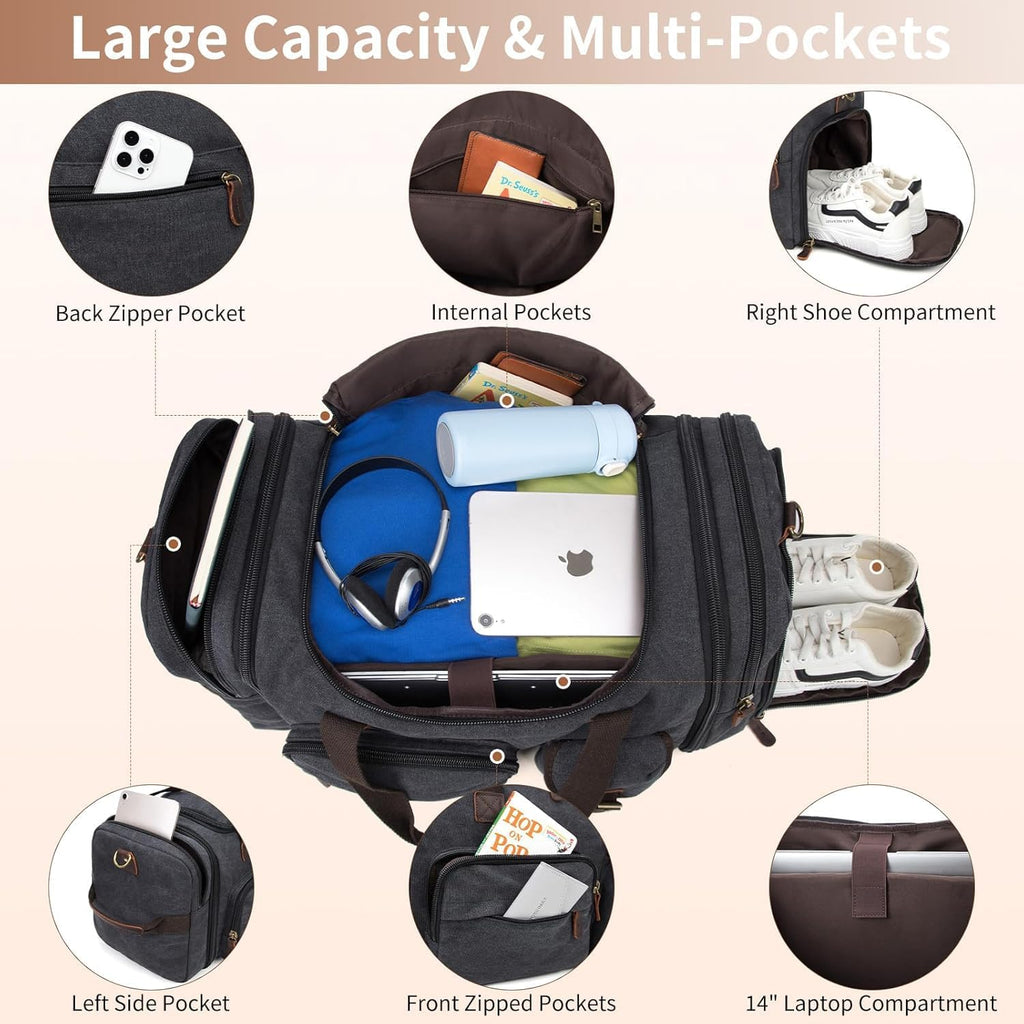 Mens Duffle Bag for Travel 60L Expandable Canvas Weekender Overnight Travel Duffel Bag with Shoe Compartment Carry-On