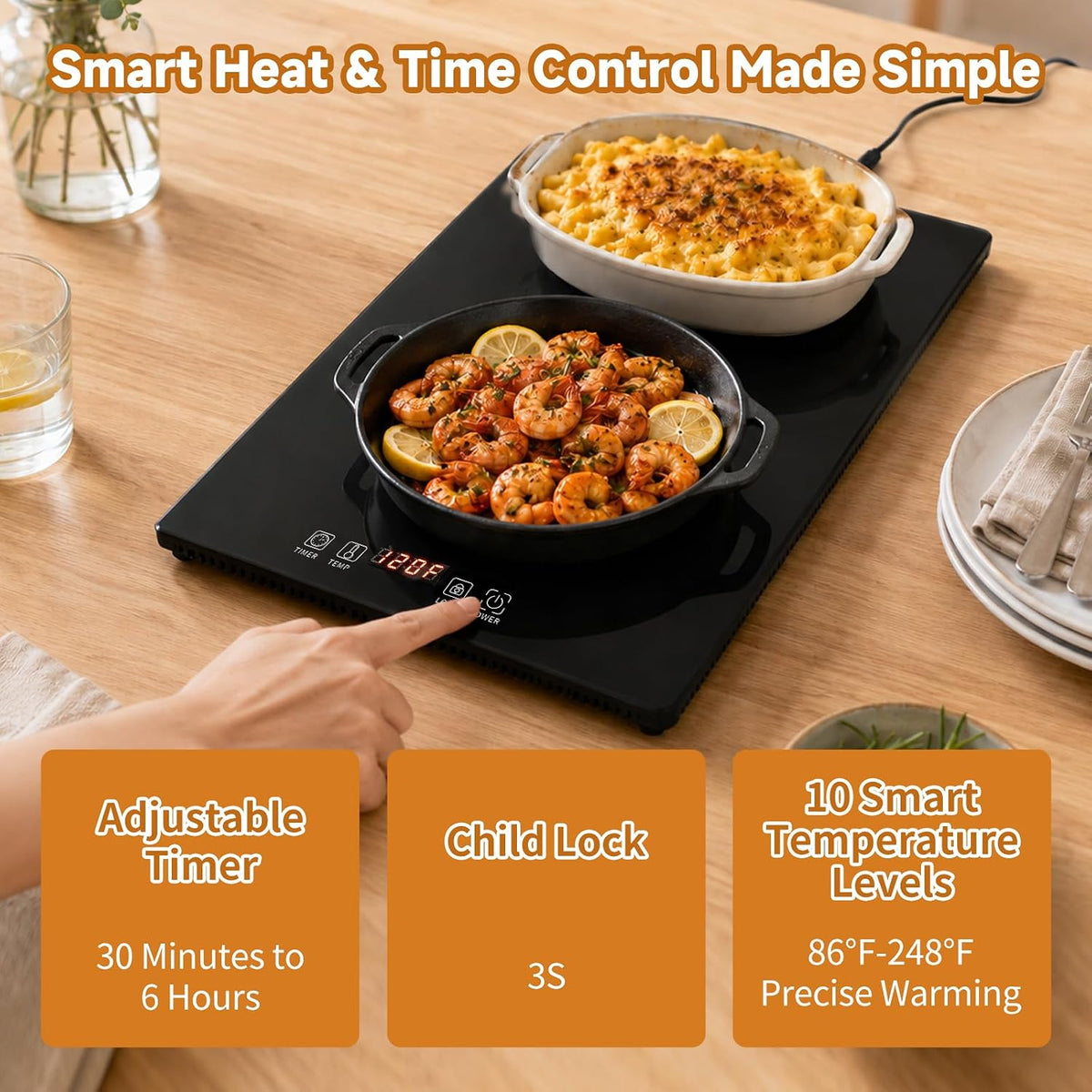 Electric Warming Tray 47"x 15" Extra-Long Warming Mat for Food with Independent Temp&Timer Control 4-in-1 Modular