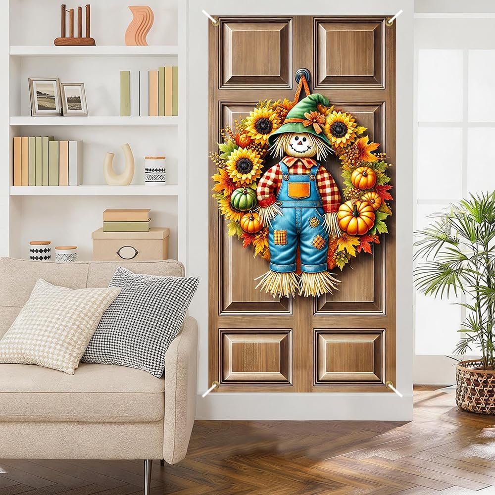 Fall Scarecrow Sunflower Pumpkin Door Cover 35x70in Thanksgiving | Weather-tough 150D polyester with 4 grommets and