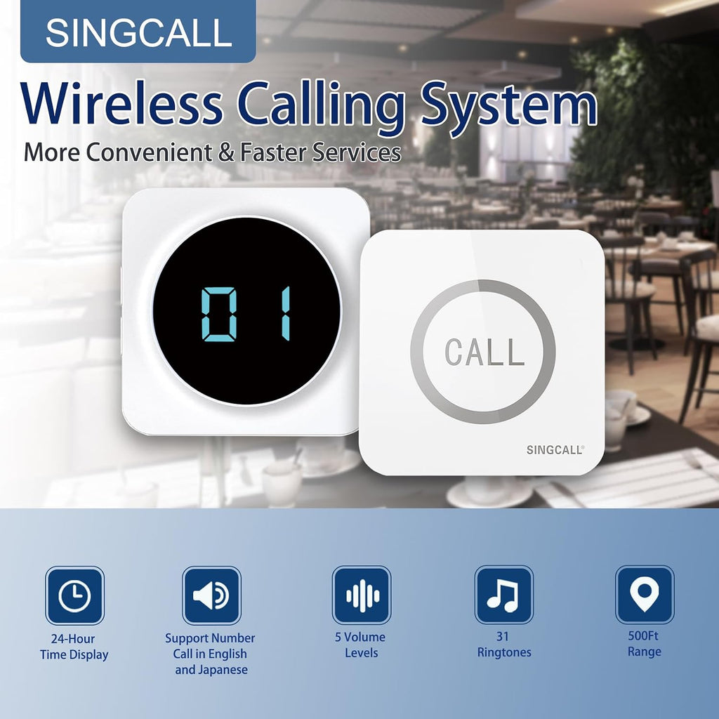 Restaurant Pager System 1 Receiver & 8 Waterproof Call Buttons
