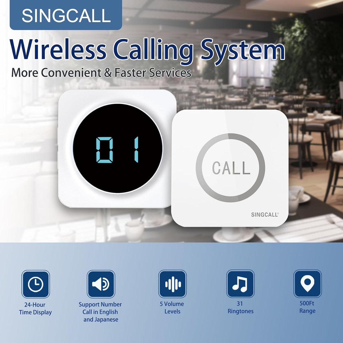 Restaurant Pager System 1 Receiver & 8 Waterproof Call Buttons