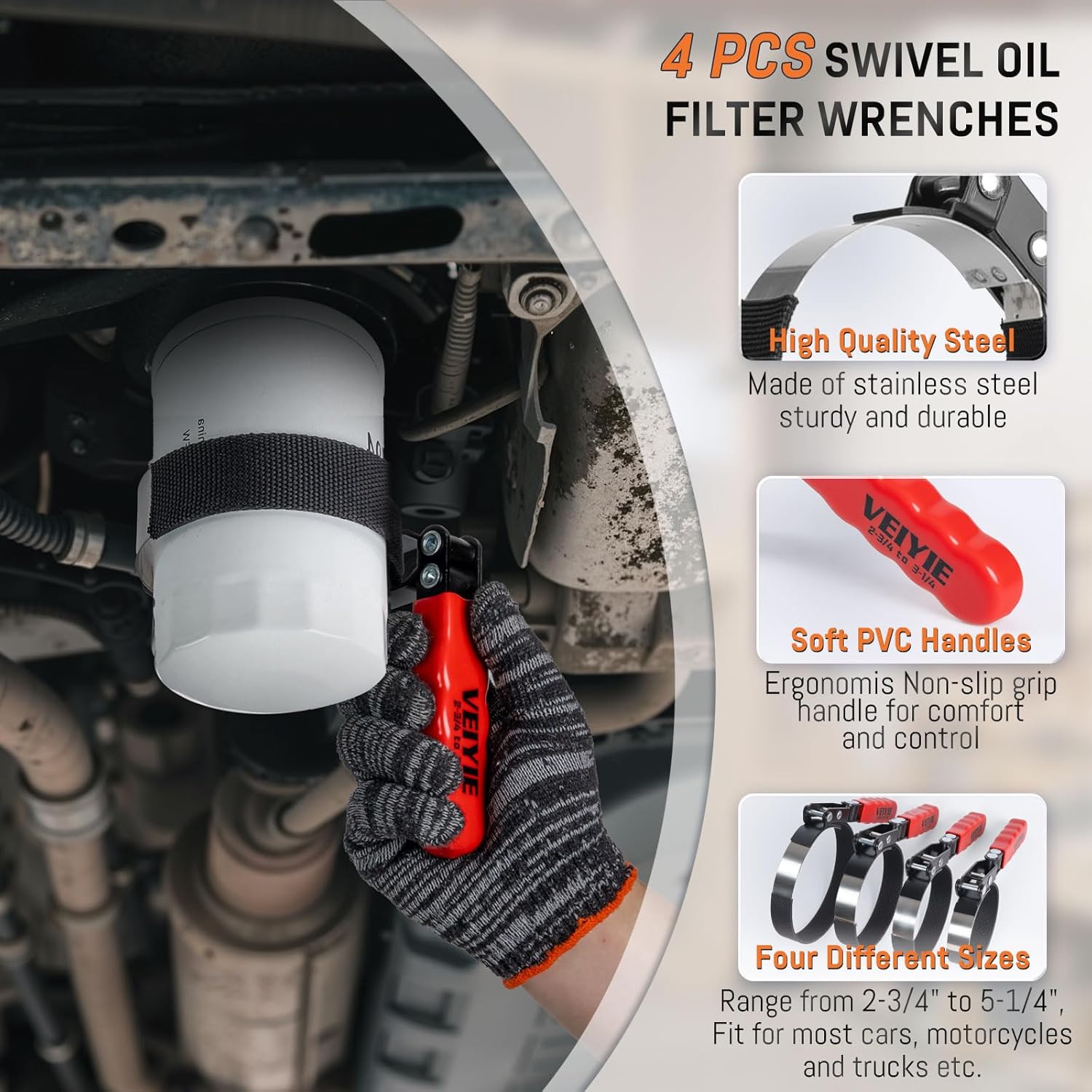 8-Piece Oil Filter Wrench Set, Oil Filter Removal Tool Cover 2-3/4" to 5-1/4", 9" & 12" Adjustable Oil Filter Pliers