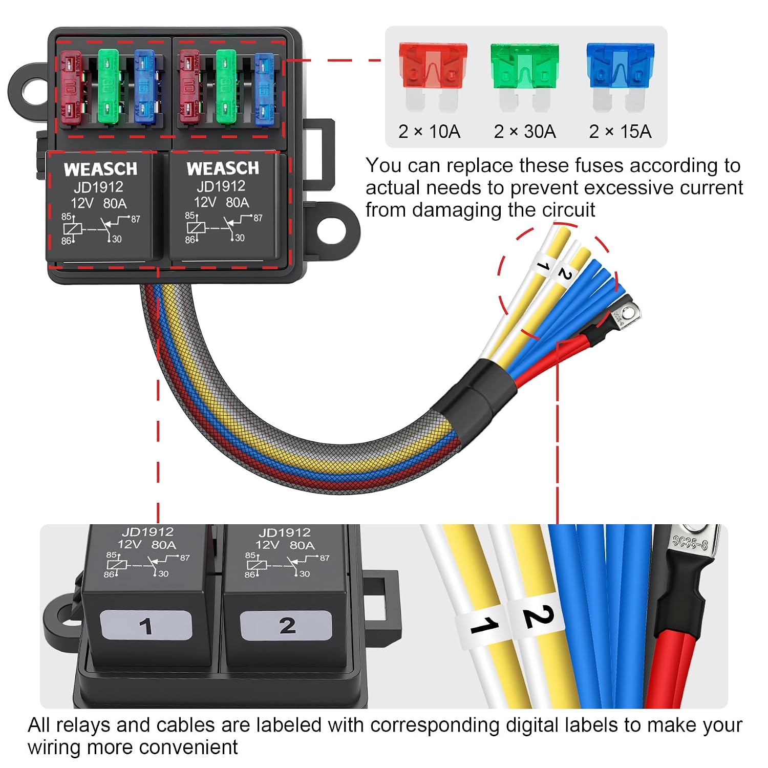 12V 6 Way Pre-Wired Fuse Relay Box Kit with Two 80A 4-Pin Relays | 6 ATC/ATO Slots, Dustproof Covers, Universal Relay
