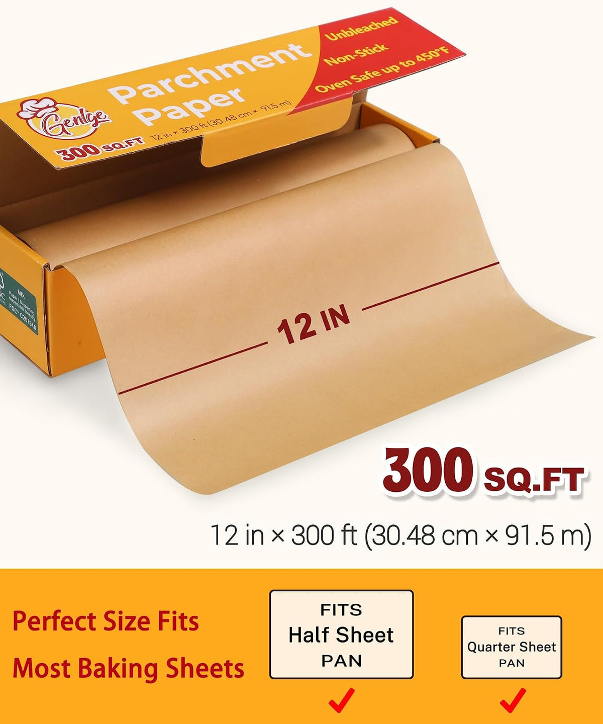 Unbleached Parchment Paper Roll, Non-Stick, 300 Ft x 12 In - 300 Sq. Ft.