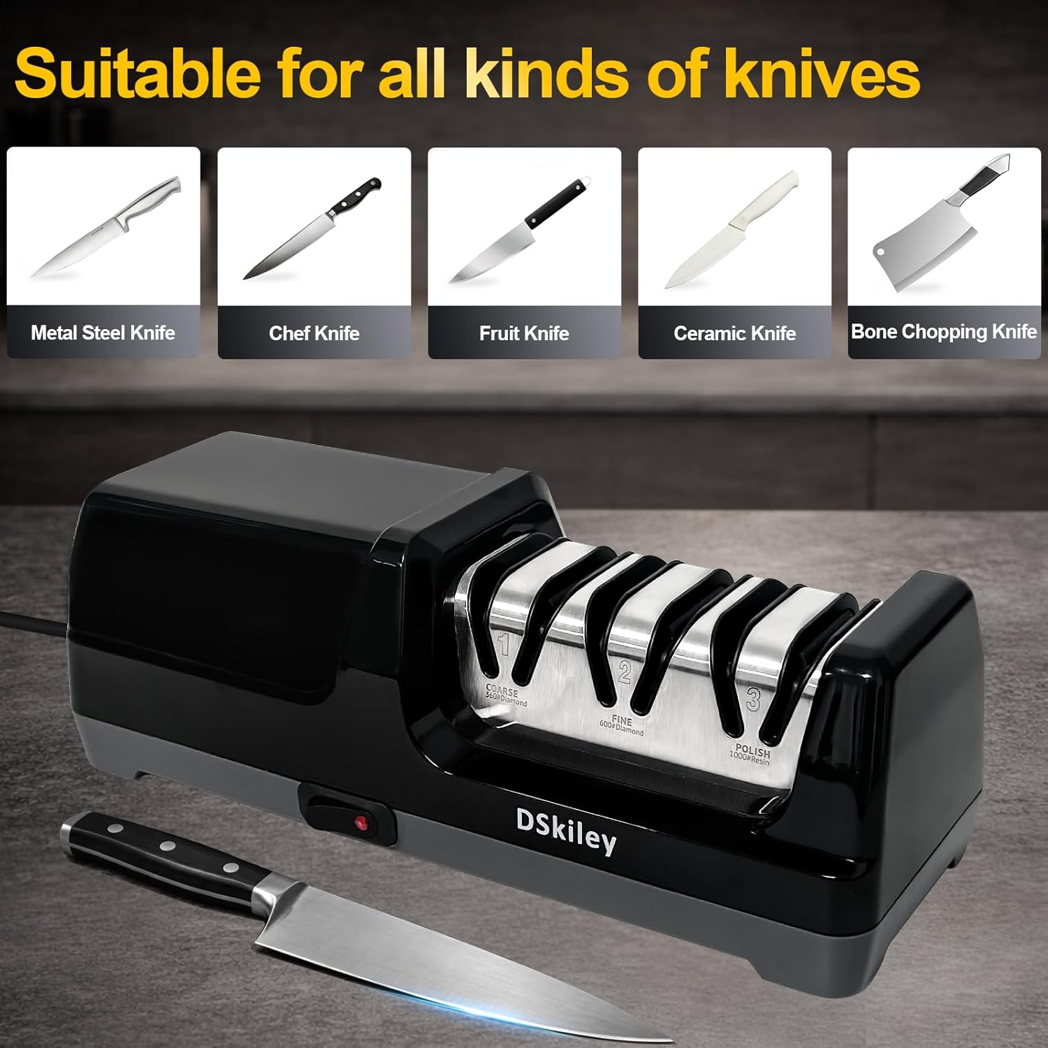 Electric Knife Sharpener for Kitchen – Professional 3-Stage 100% Diamond System with 20° Precision Angle, Fast