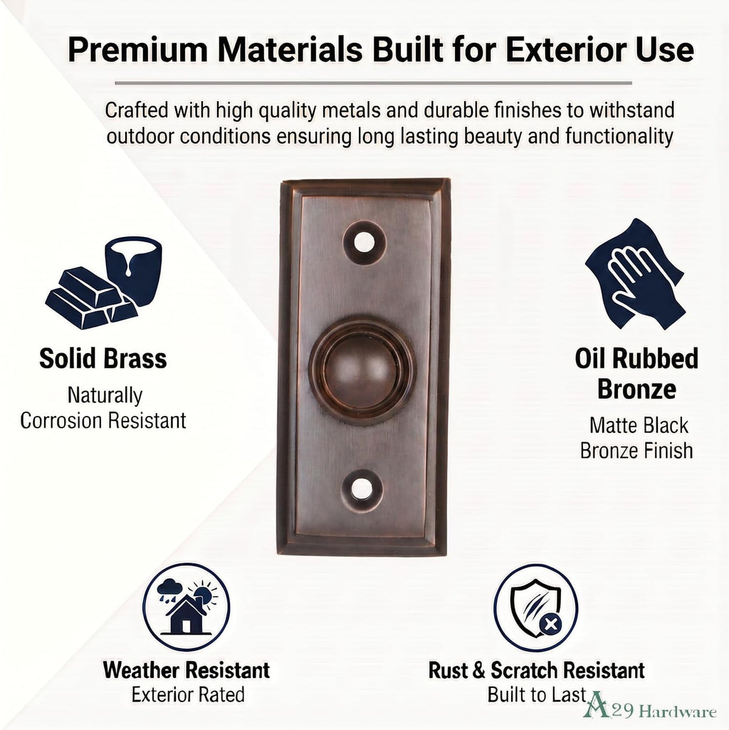 Push Button Doorbell, Solid Brass, Oil Rubbed Bronze Finish | 2 1/2 X 1 1/7 in, Vintage Push Button Doorbell, Wired