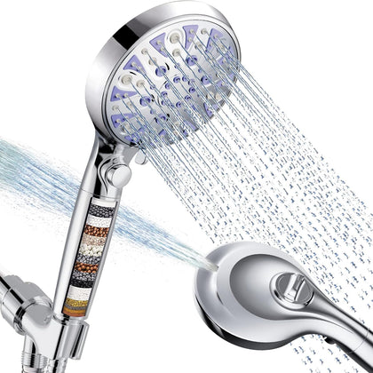 High Pressure 9-mode Filtered Handheld Shower Head with ON/OFF Pause Switch | Detachable Showerhead, 15 Stage Water