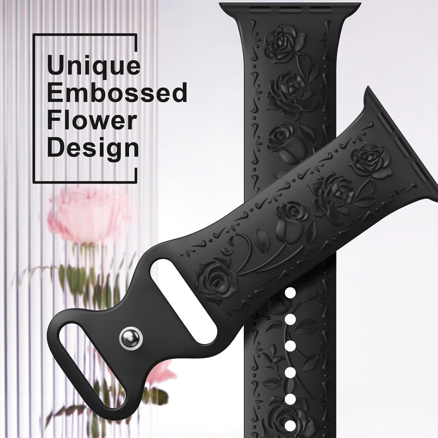 Floral Engraved Band Compatible with Apple Watch Band 40mm 41mm 38mm 42mm 44mm 45mm 46mm 49mm Women, Soft Silicone