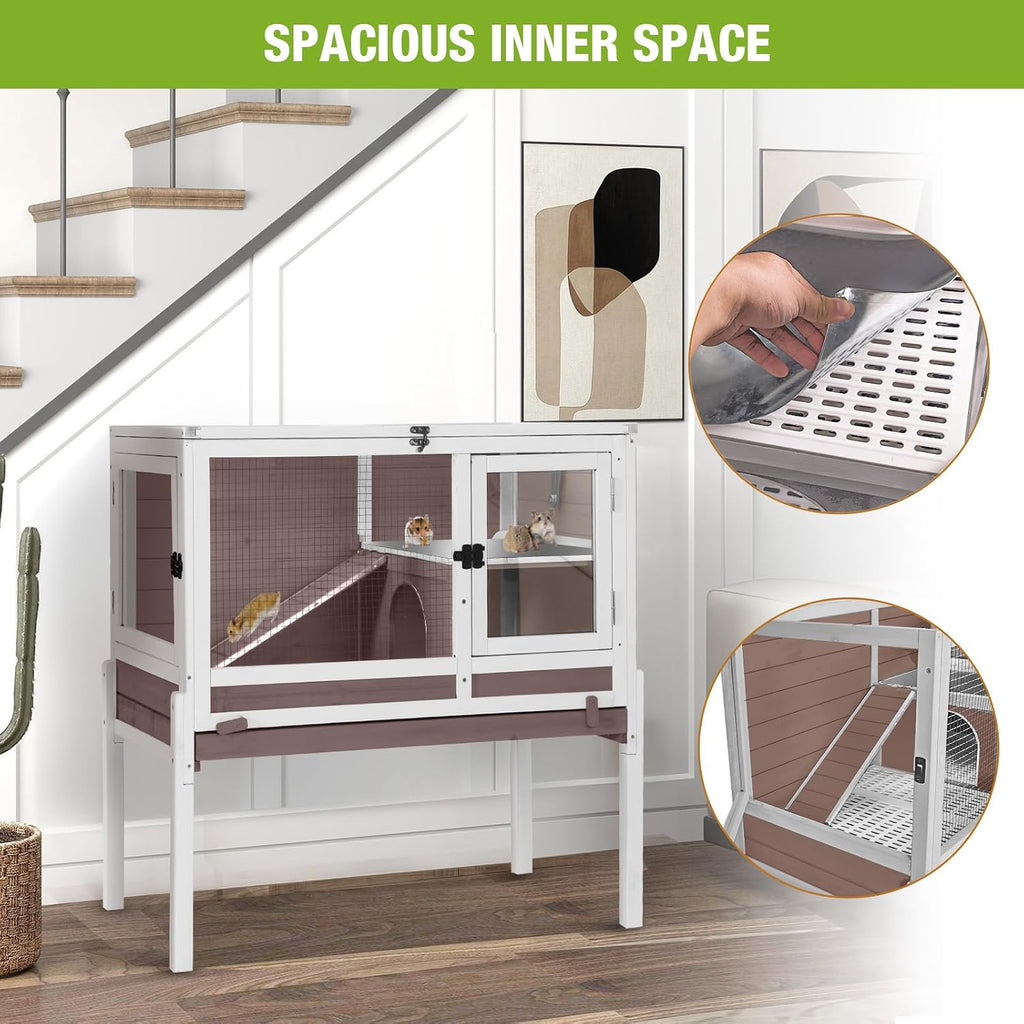 Wooden Guinea Pig Cages Indoor,Two-Story Wooden Rabbit Cage Hutch with Removable Stand and Pull Out Tray, Small