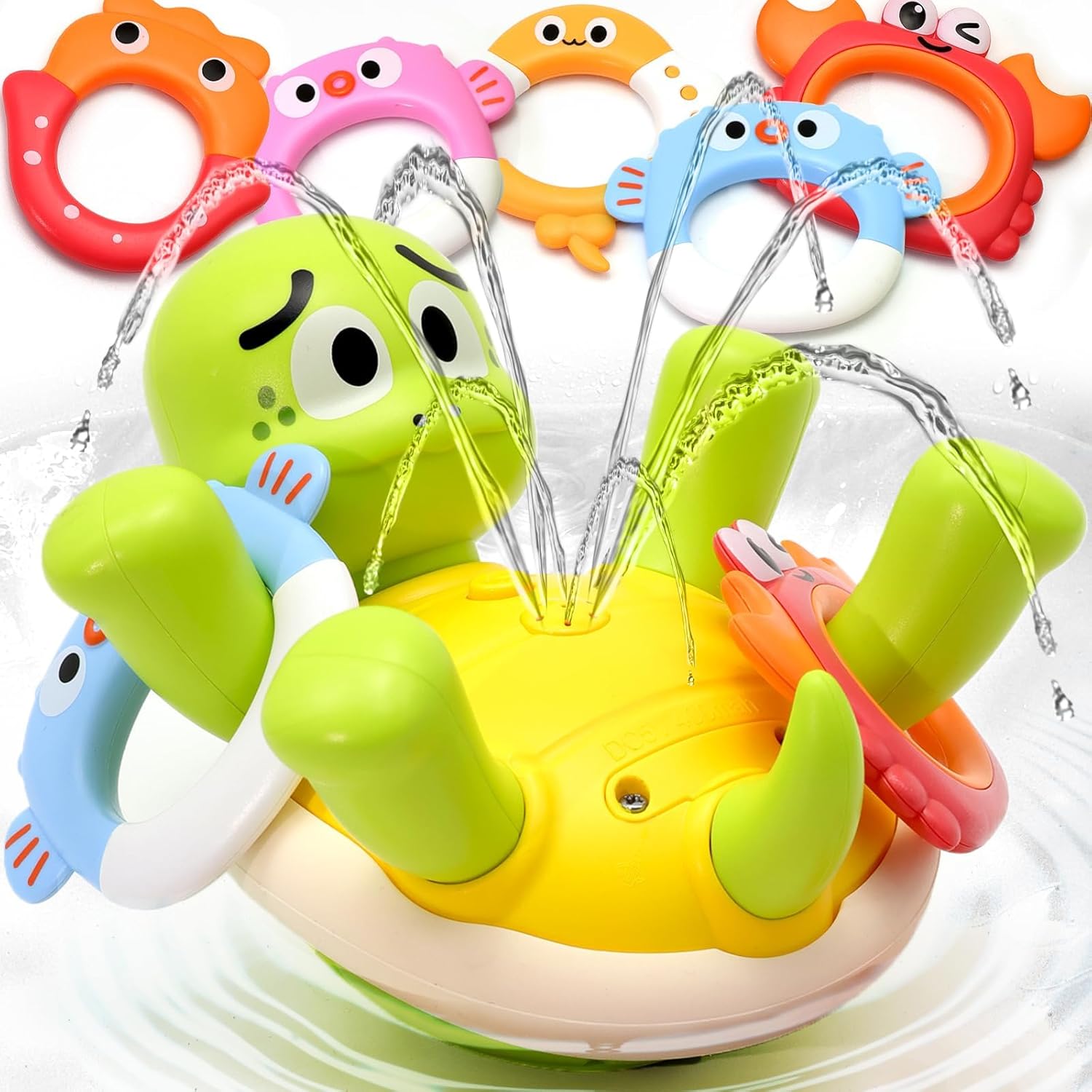 Baby Bath Toys, Rechargeable Turtle Bath Toy Sprinkler for Toddler with 5 Rings, Bathtub Fountain Spray Toy,Pool