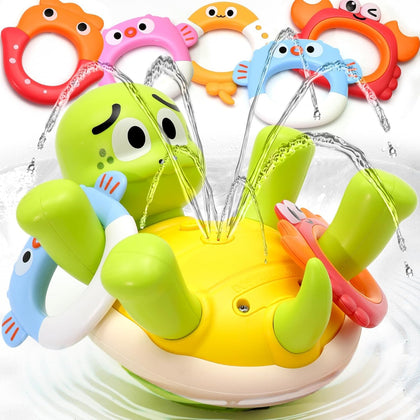 Baby Bath Toys, Rechargeable Turtle Bath Toy Sprinkler for Toddler with 5 Rings, Bathtub Fountain Spray Toy,Pool
