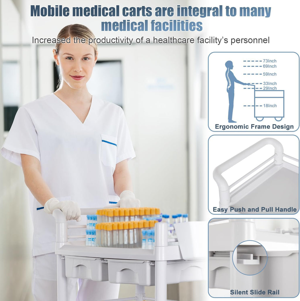 Mobile Medical Cart 3-Tier Professional Utility Cart 330 LBS Max Load | Rolling Crash Cart Ultrasound Trolley, With
