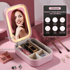 Travel Cosmetic Mirror Case LED Makeup Mirror Storage Case for Eyelash Station Brushes Cosmetic Tools Pink On-the-go