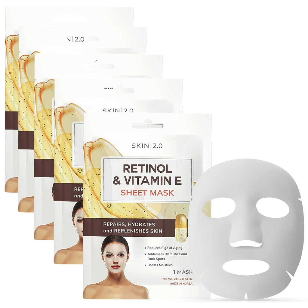 Retinol & Vitamin E Sheet Mask - Anti-Aging, Acne Scar & Hyperpigmentation - Hydrating, Dermatologist Tested Korean