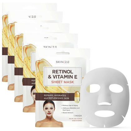 Retinol & Vitamin E Sheet Mask - Anti-Aging, Acne Scar & Hyperpigmentation - Hydrating, Dermatologist Tested Korean