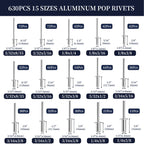 630Pcs Pop Rivets Assortment Kit Aluminum Rivet 3/32 1/8 5/32 3/16 1/4