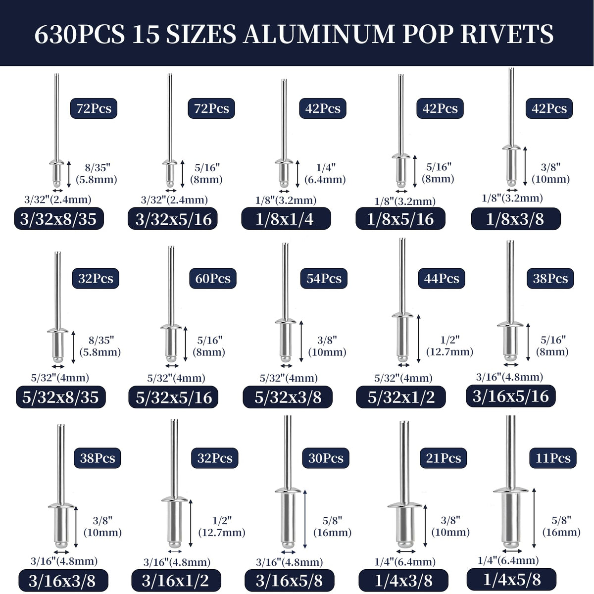 630Pcs Pop Rivets Assortment Kit Aluminum Rivet 3/32 1/8 5/32 3/16 1/4