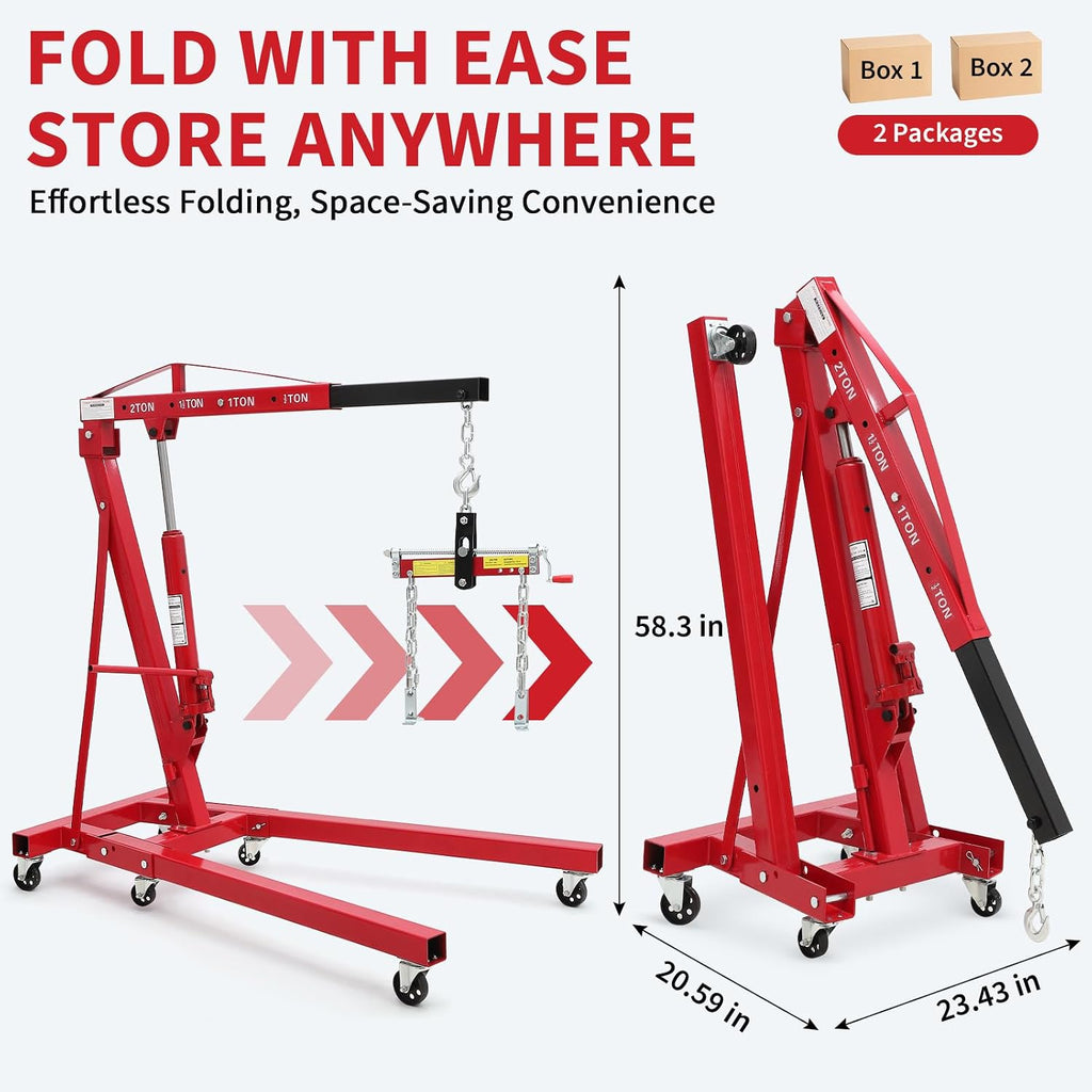 2 Ton Folding Hydraulic Engine Hoist with Load Leveler, Heavy Duty Cherry Picker