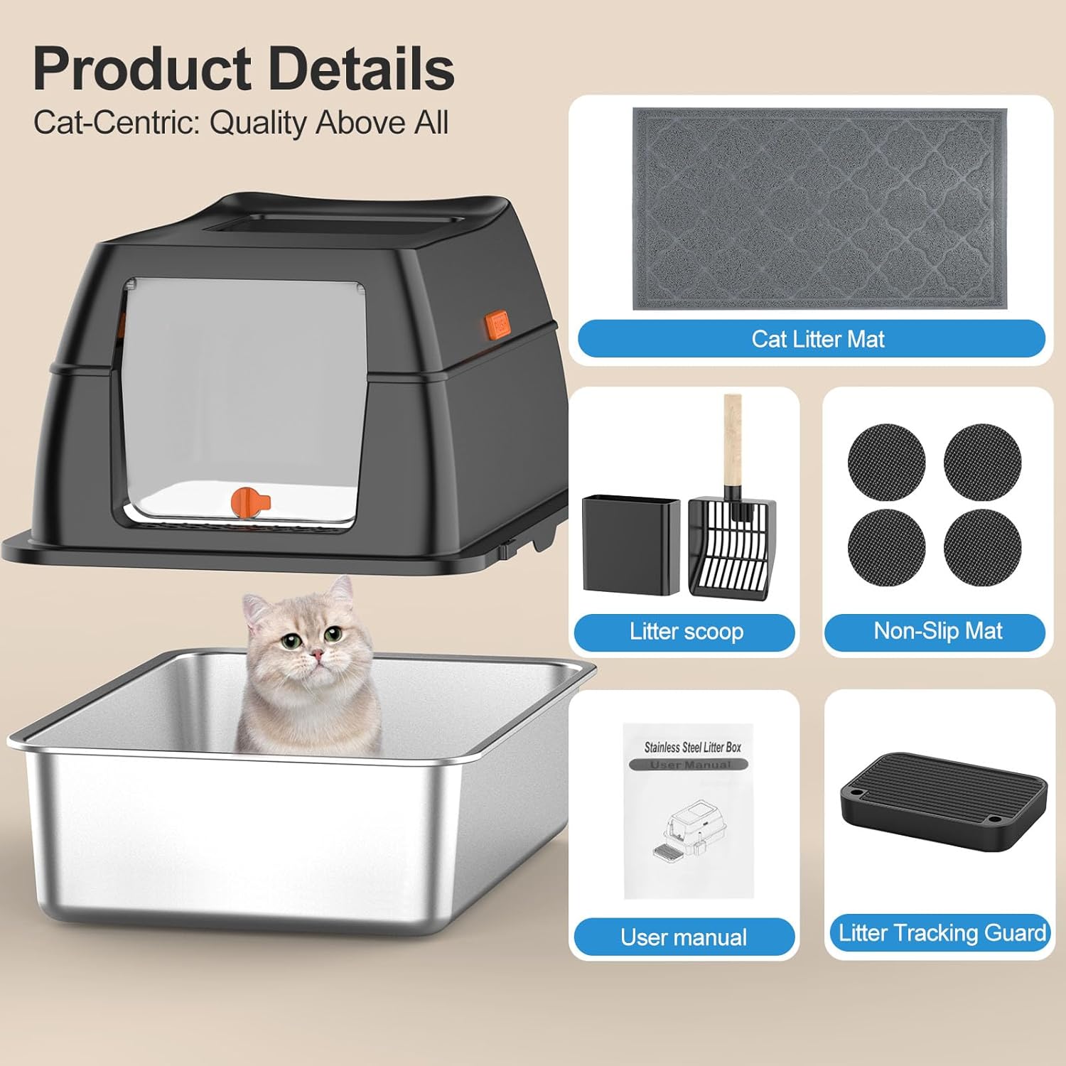 Stainless Steel Litter Box with Lid,Front Entry Top Exit Kitty LitterBox,Extra Large Enclosed Metal Cat Box with