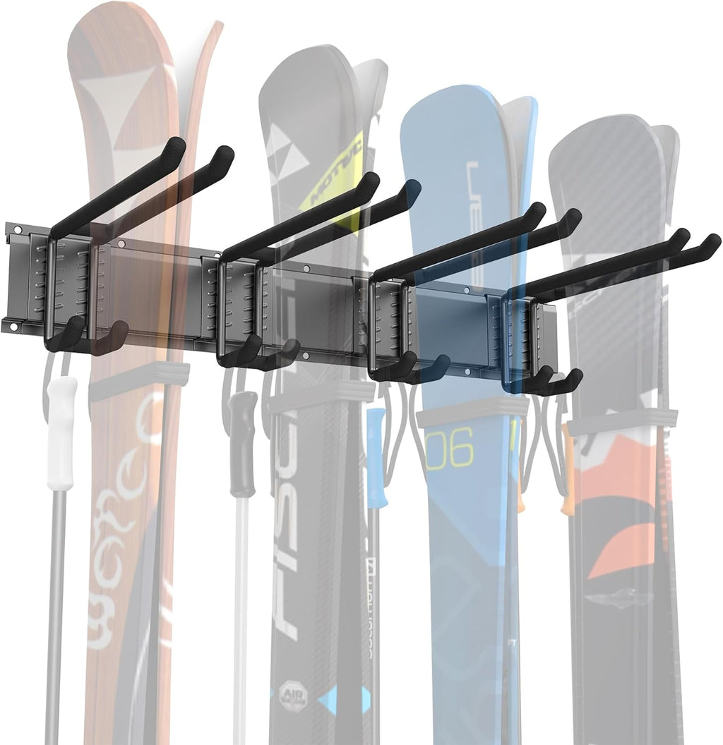Garage Storage Organization Wall Ski Rack 4 Pairs of Skis | Wall Mount Ski Hanger for Garage, Home, Snowboard Wall