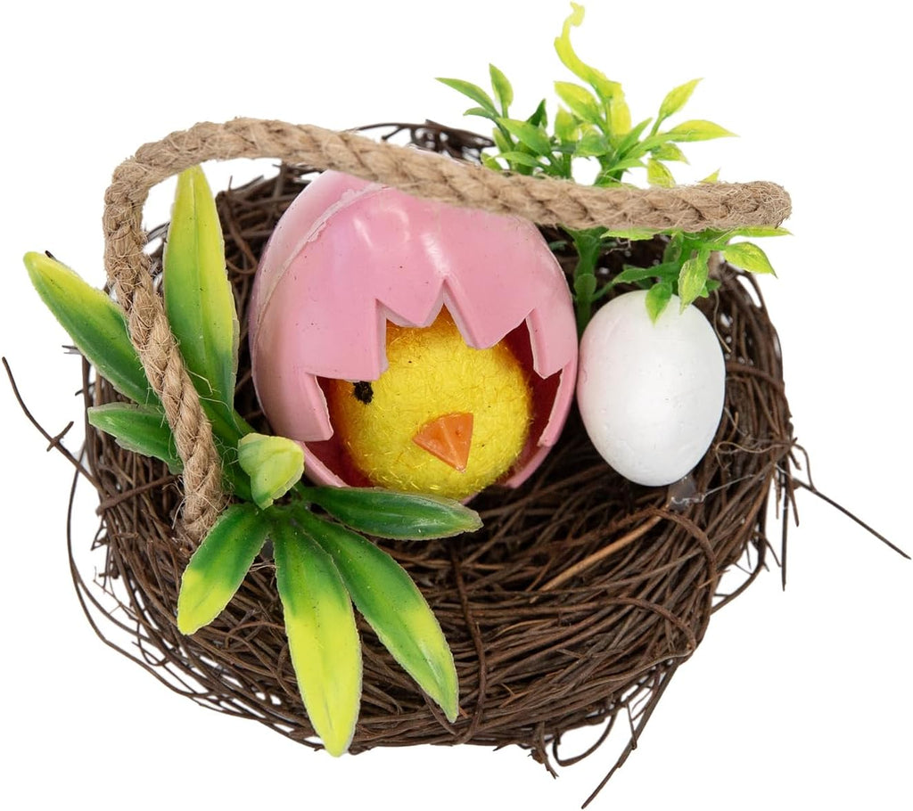 Easter Bunny Basket Decoration with Flowers, Woven Jute Basket with Handle, Spring Decor with Pastel Eggs (F)