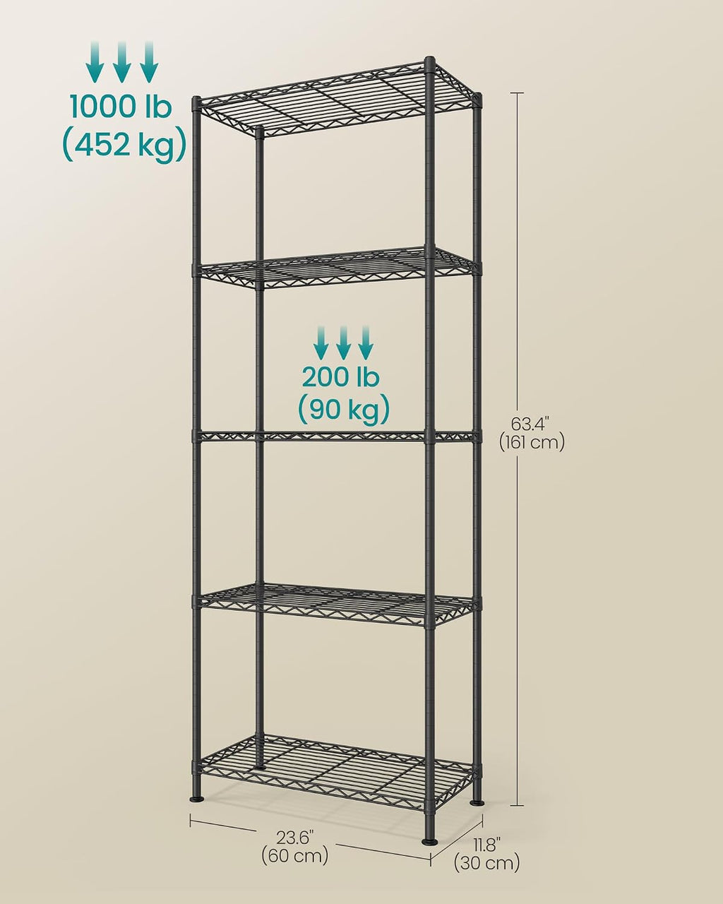 5-Tier Storage Shelves, Adjustable Wire Shelving Unit, 8 Hooks