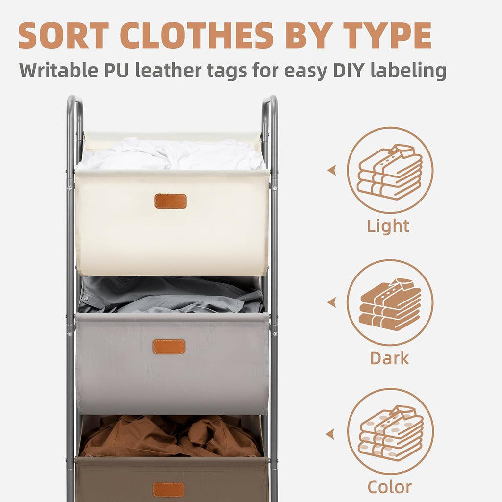 120 Liters Vertical Rolling Laundry Hamper, 3 Section Laundry Sorter with Wheels and 2 Breaks, 3-tier Laundry Baskets
