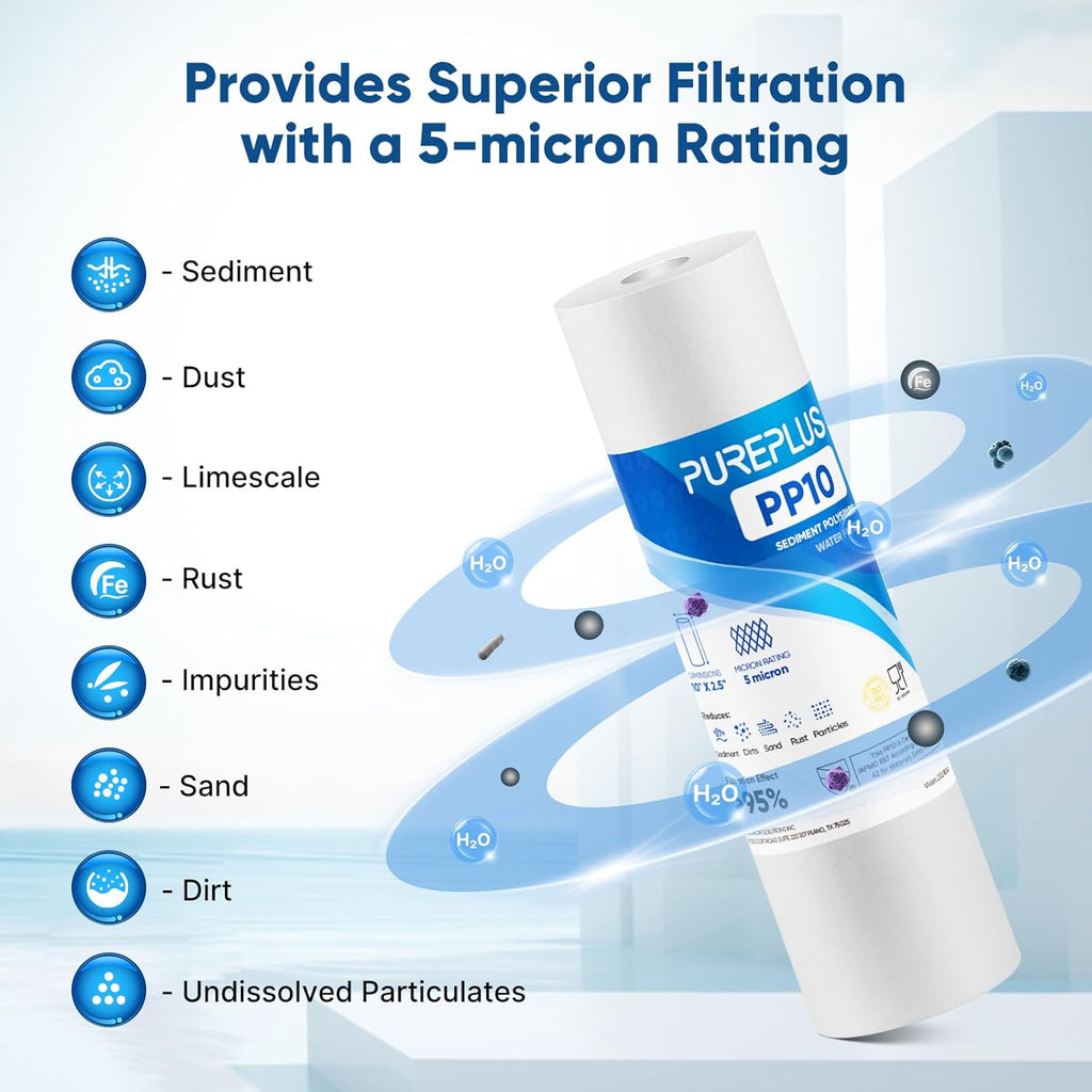 5 Micron 10" x 2.5" Whole House Sediment Home Water Filter Cartridge Replacement for Any 10 inch RO Unit, Culligan