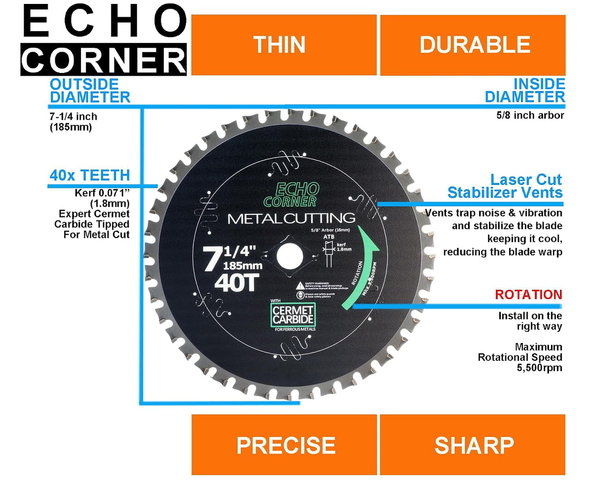 7-1/4 Inch Metal Cutting Circular Saw Blade, Cermet 40T, 5/8" Arbor