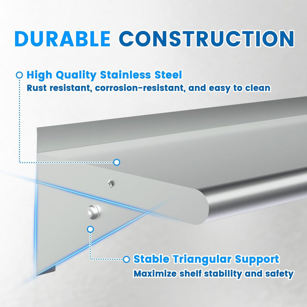 Stainless Steel Shelf with 6 Hooks 12" x 48" Commercial Pot Rack