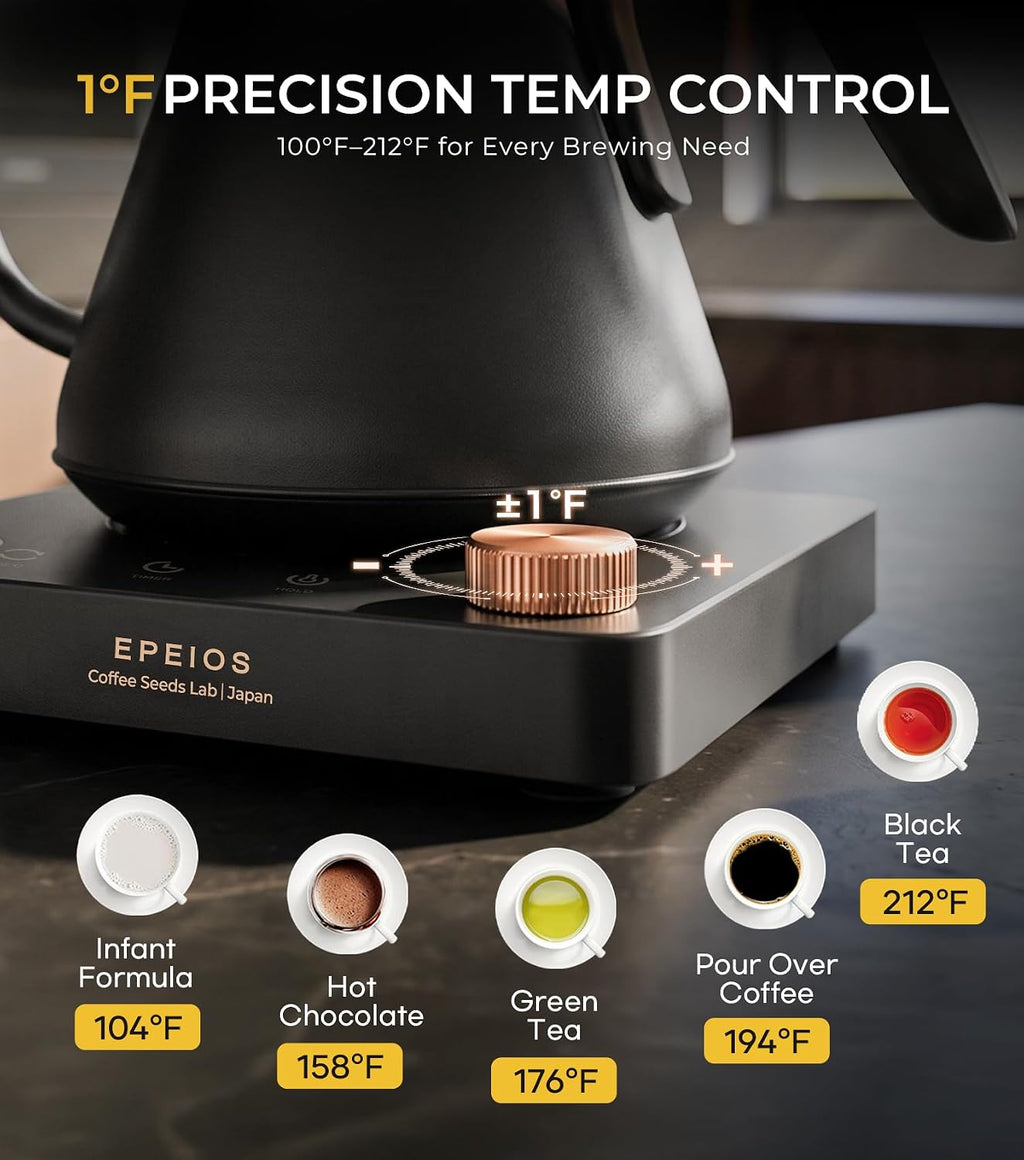Gooseneck Electric Kettle 1°F Temperature Control,1200W,0.9L,Black | Rapid Heating, for Pour Over Coffee & Tea,Hot
