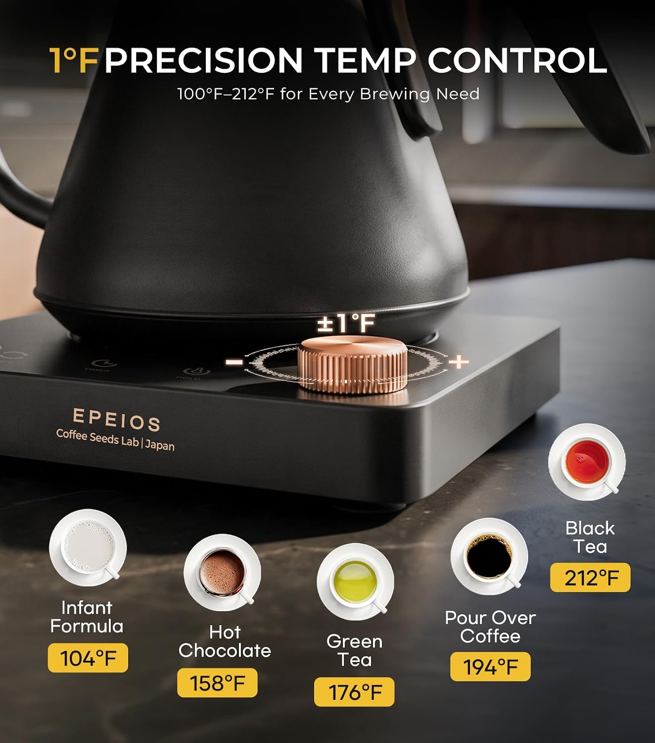 Gooseneck Electric Kettle 1°F Temperature Control,1200W,0.9L,Black | Rapid Heating, for Pour Over Coffee & Tea,Hot