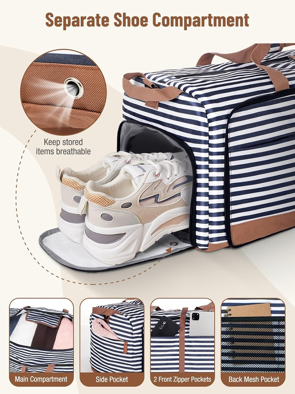 Foldable Travel Duffle Bag for Women, 80L Large Duffel Bag with Separate Shoes Compartments & Straps, Carry On