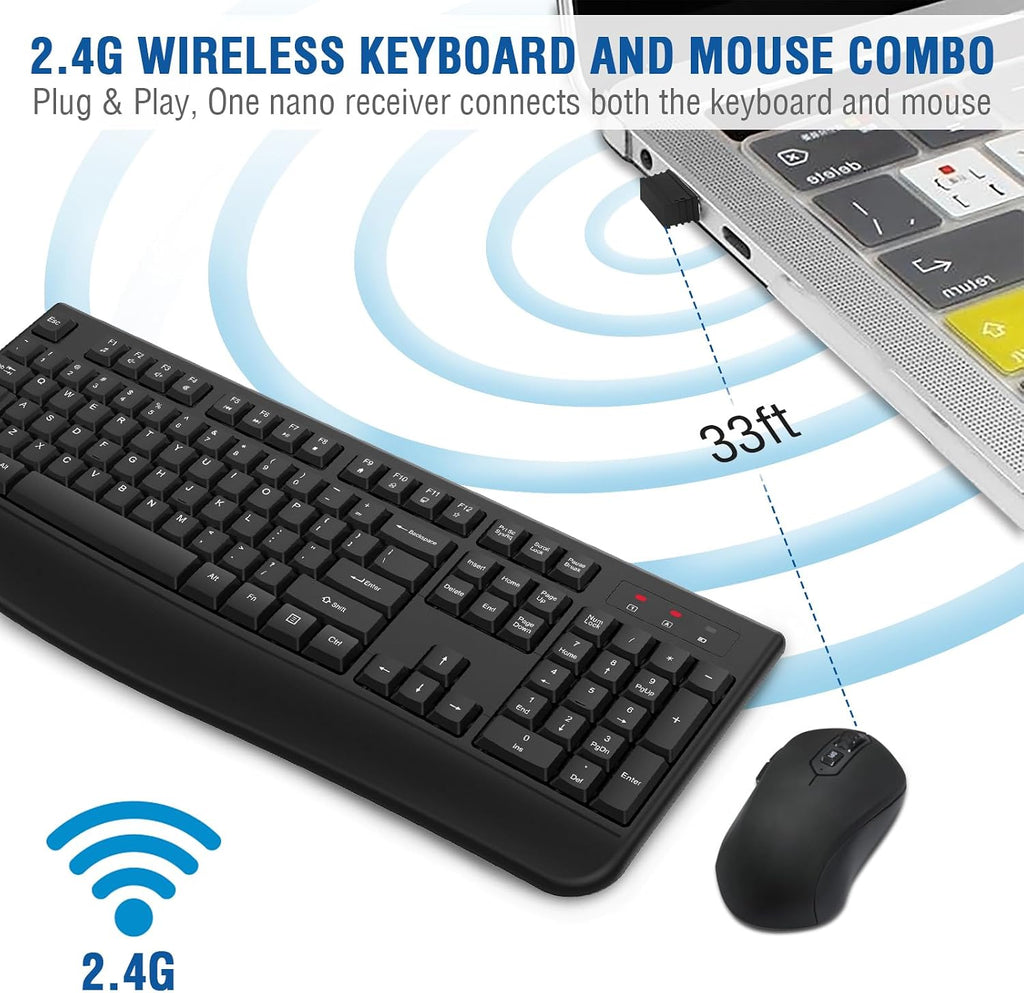 Wireless Keyboard and Mouse Combo, EDJO 2.4G Full-Sized Ergonomic Computer Keyboard with Wrist Rest and 3 Level DPI