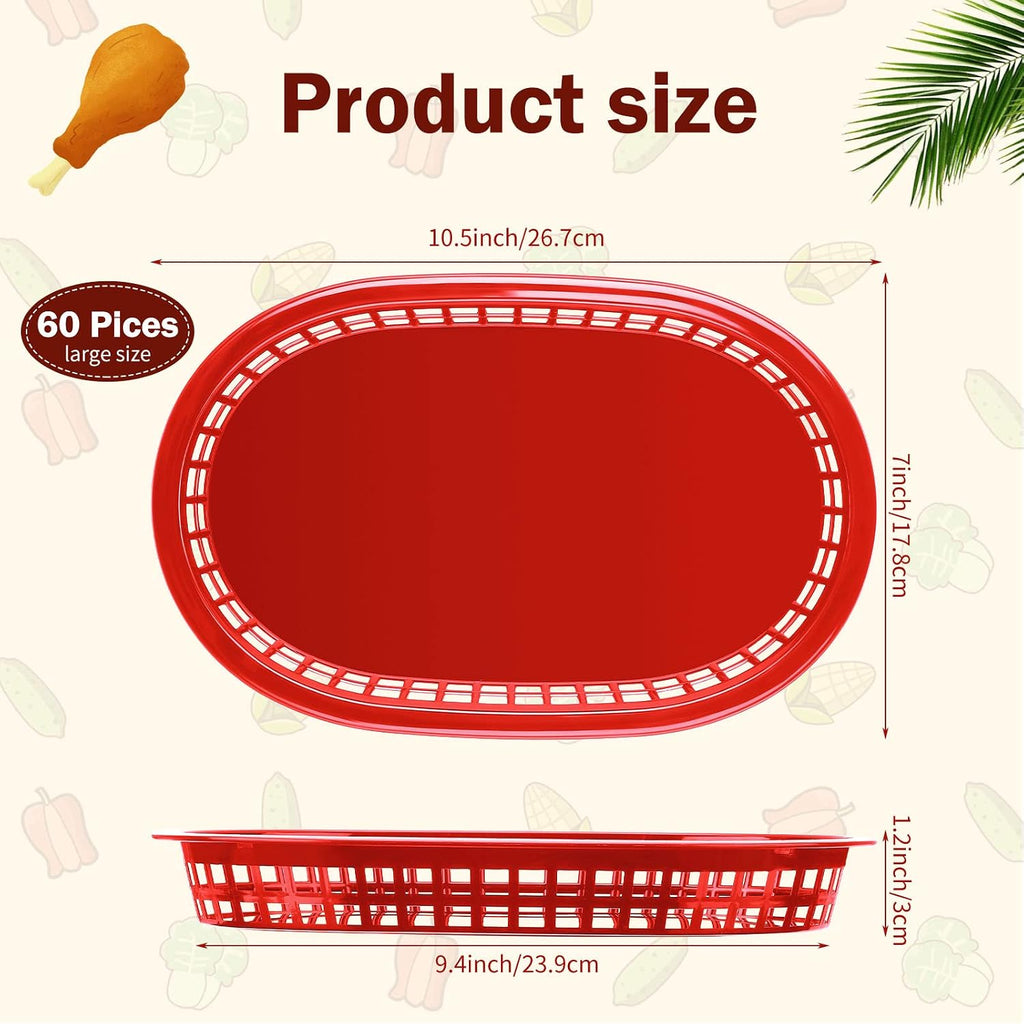60 Pcs Fast Food Basket, 10.5" x 7" Plastic Storage Tray, Red