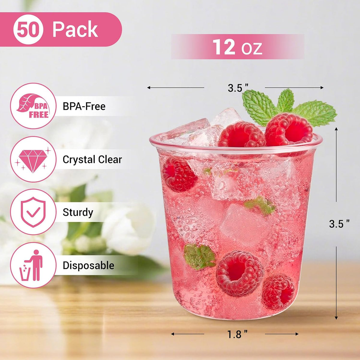50 Pcs Pink Plastic Cups, 12 oz Disposable Stemless Wine Glasses